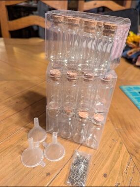 36 Clear Glass Mini Cork Bottles with Funnels and Jump Rings